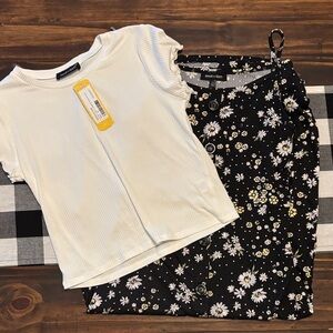 Moon & Stars y2k White Ribbed Top and Floral spaghetti strap long dress 14 new